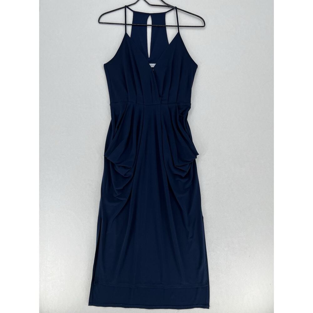 BCBGeneration Blue Halter Midi Dress Ruched Draped Cocktail Size S